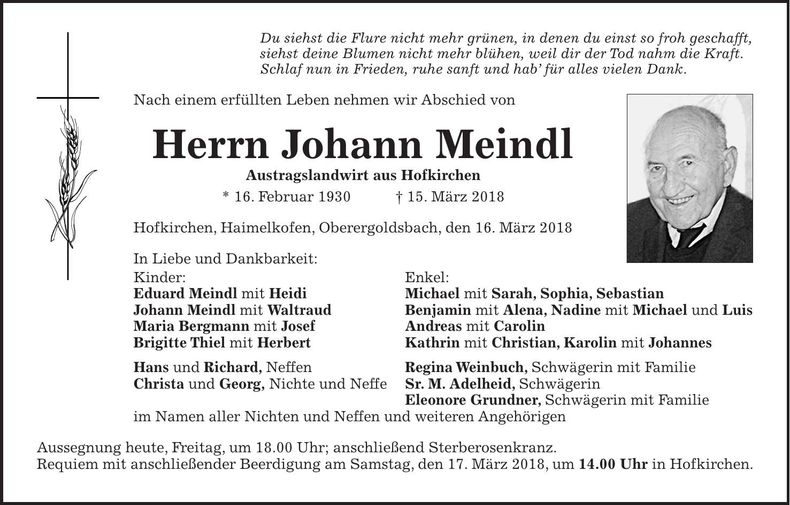 Traueranzeige Johann Meindl