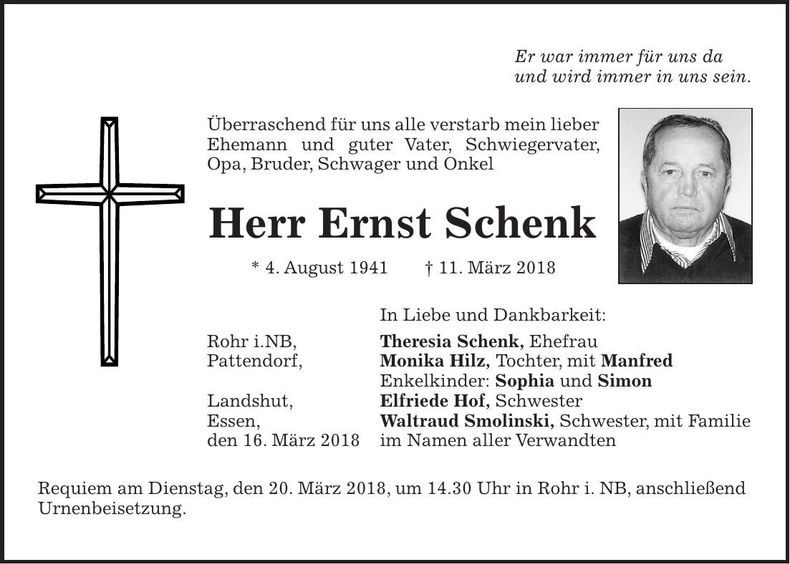 Traueranzeige Ernst Schenk