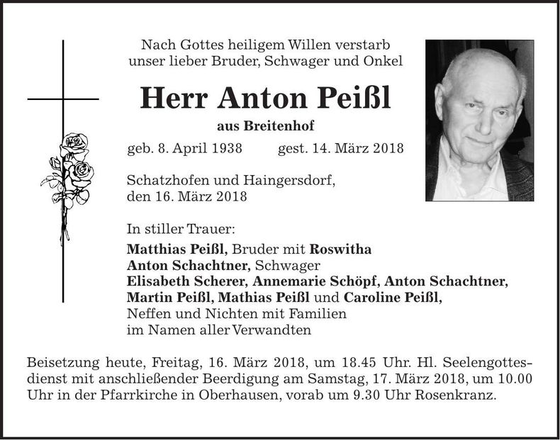 Traueranzeige Anton Peißl