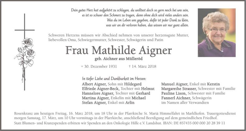 Traueranzeige Mathilde Aigner