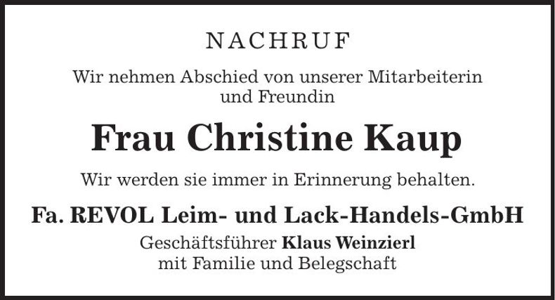 Traueranzeige Christine Kaup