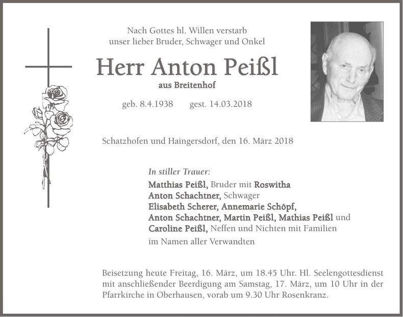 Traueranzeige Anton Peißl