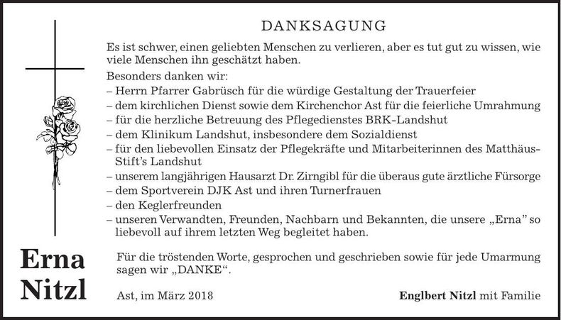 Traueranzeige Erna Nitzl