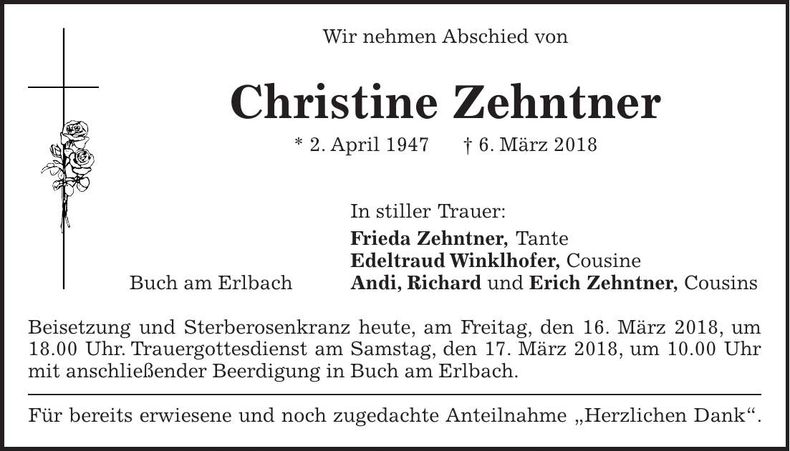 Traueranzeige Christine Zehntner