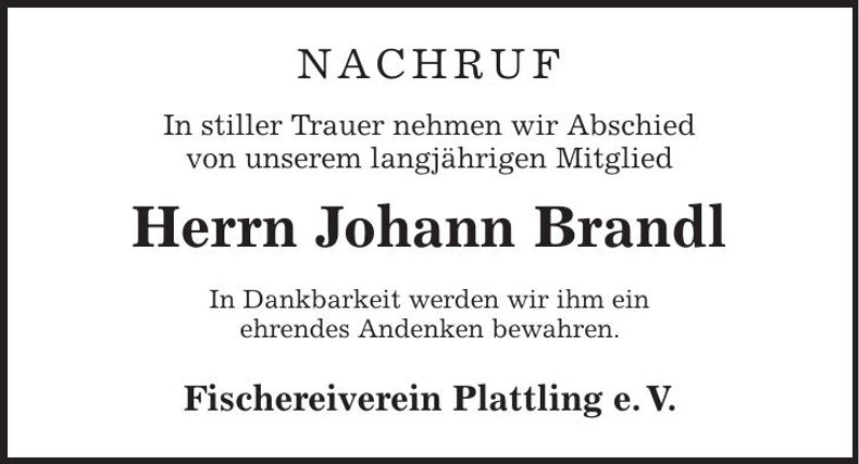 Traueranzeige Johann Brandl