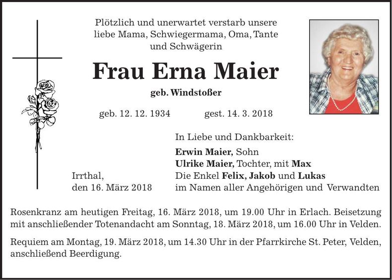 Traueranzeige Erna Maier
