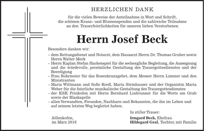 Traueranzeige Josef Beck