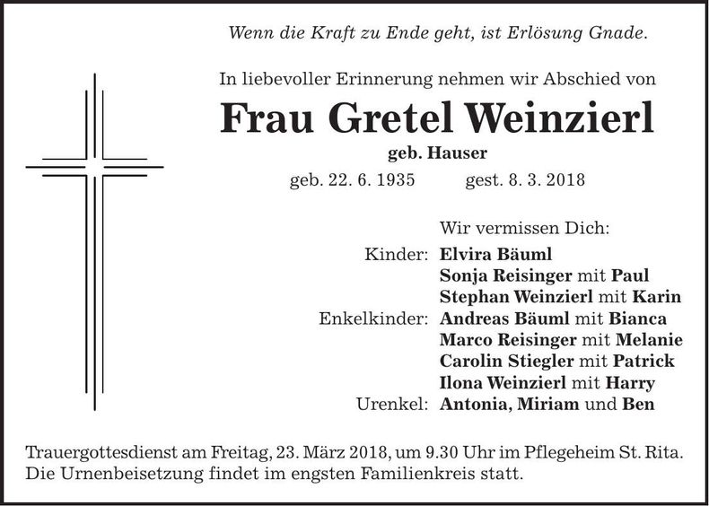 Traueranzeige Gretel Weinzierl