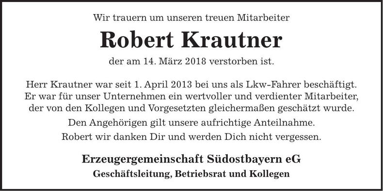 Traueranzeige Robert Krautner