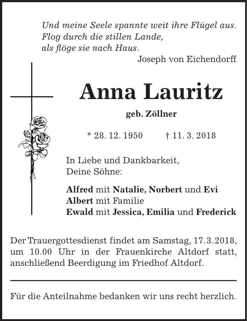 Traueranzeige Anna Lauritz