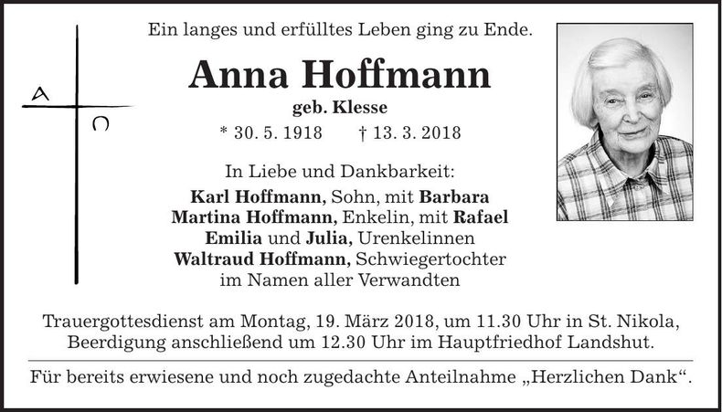 Traueranzeige Anna Hoffmann