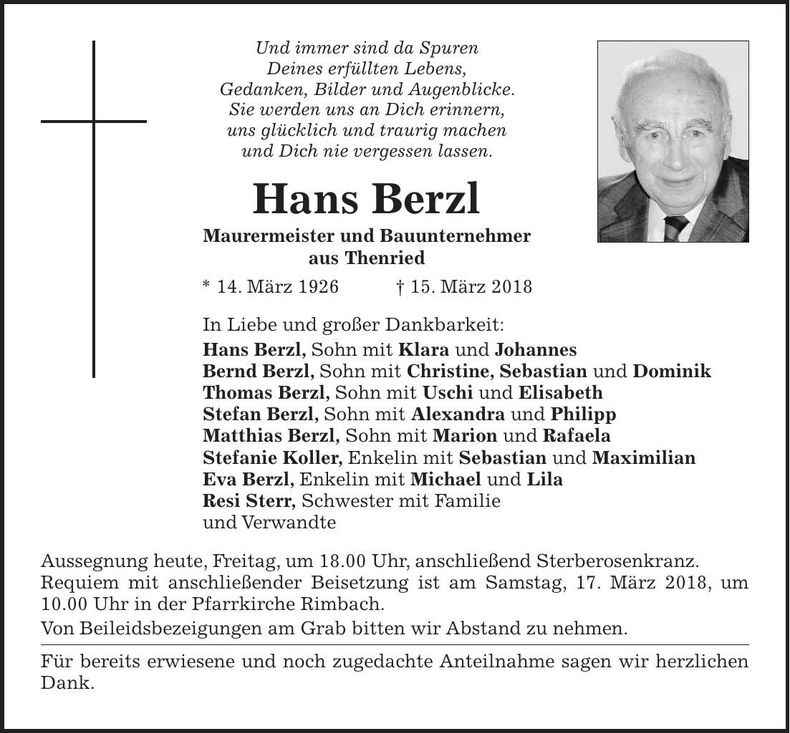 Traueranzeige Hans Berzl
