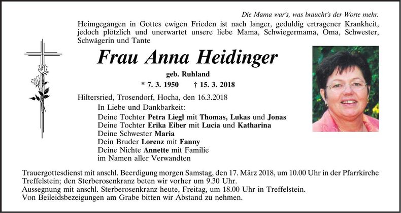 Traueranzeige Anna Heidinger