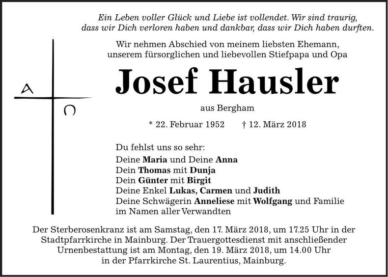 Traueranzeige Josef Hauser