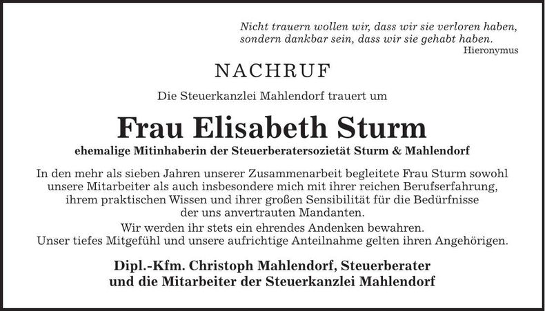 Traueranzeige Elisabeth Sturm