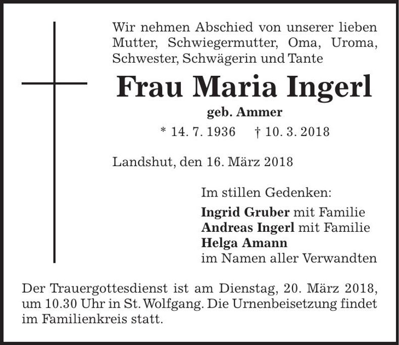 Traueranzeige Maria Ingerl