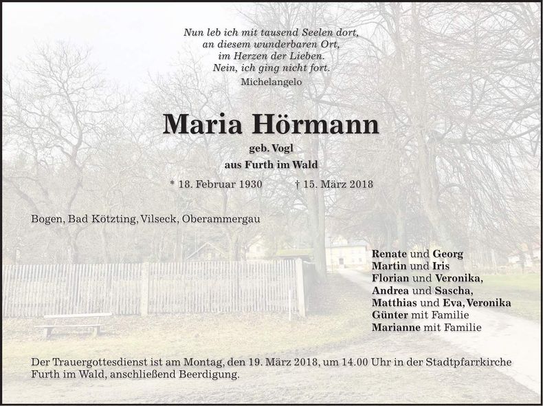 Traueranzeige Maria Hörmann
