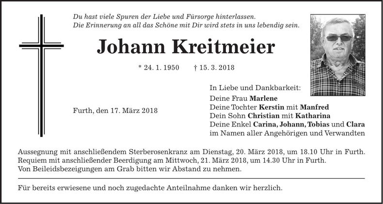 Traueranzeige Johann Kreitmeier