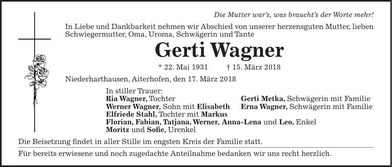 Traueranzeige Gerti Wagner