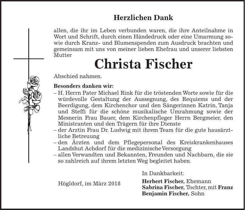 Traueranzeige Christa Fischer
