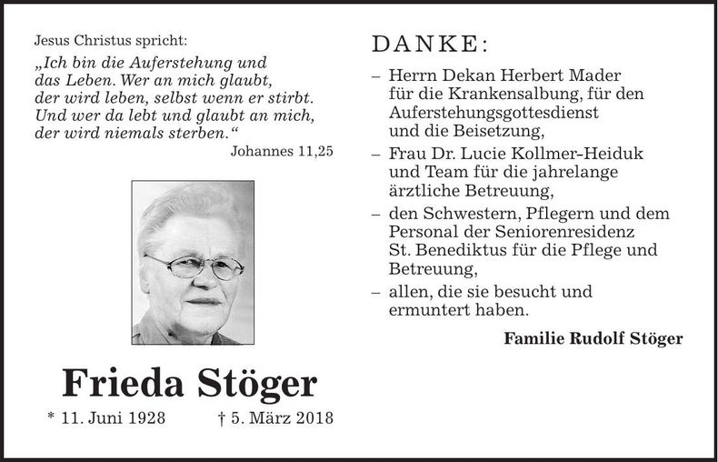 Traueranzeige Frieda Stöger