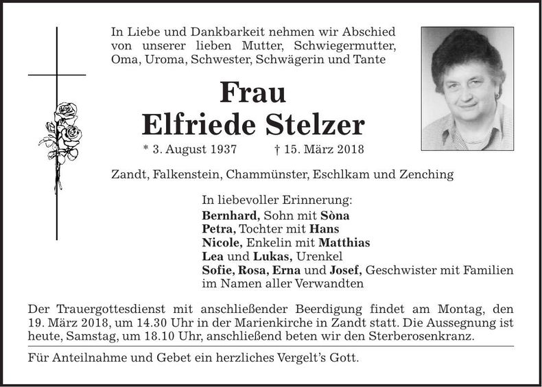 Traueranzeige Elfriede Stelzer