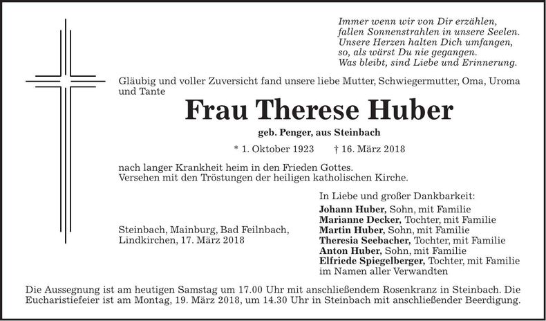 Traueranzeige Therese Huber
