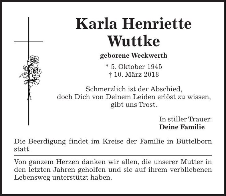 Traueranzeige Karla Henriette Wuttke