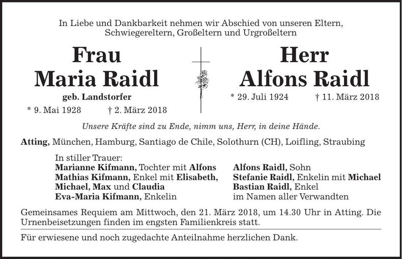 Traueranzeige Maria und Alfons Raidl