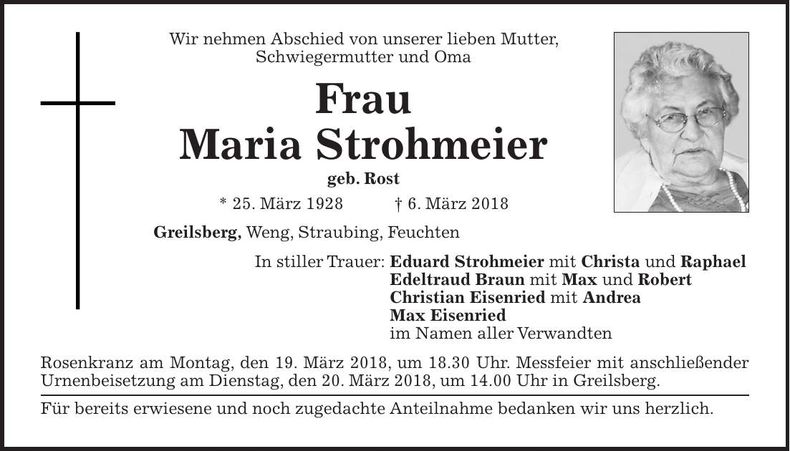 Traueranzeige Maria Strohmeier