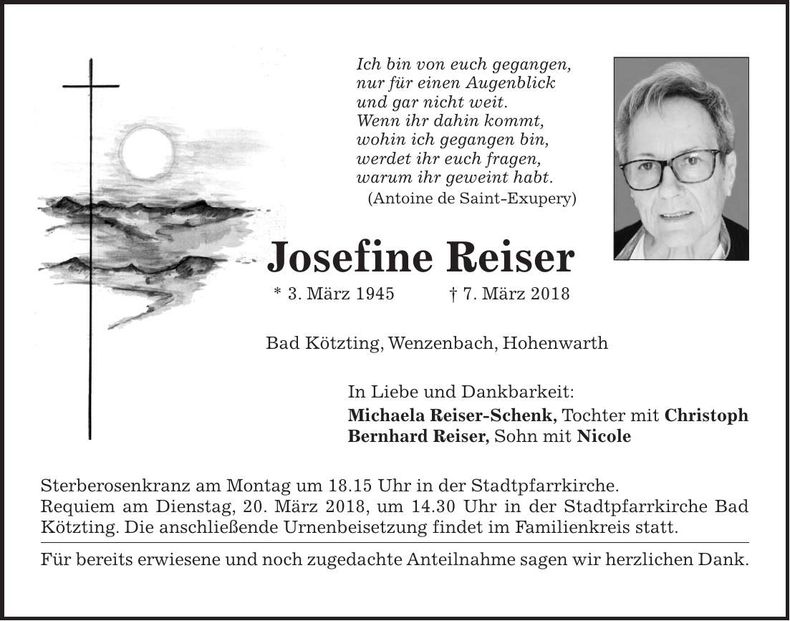 Traueranzeige Josefine Reiser