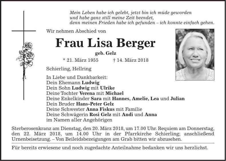Traueranzeige Lisa Berger