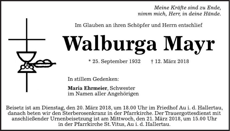 Traueranzeige Walburga Mayr