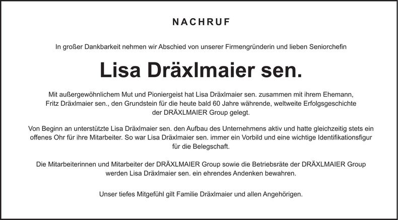 Traueranzeige Lisa sen. Dräxlmaier