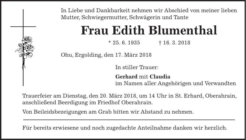 Traueranzeige Edith Blumenthal