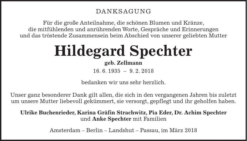 Traueranzeige Hildegard Spechter