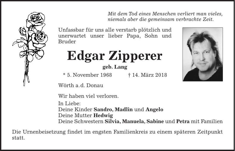 Traueranzeige Edgar Zipperer