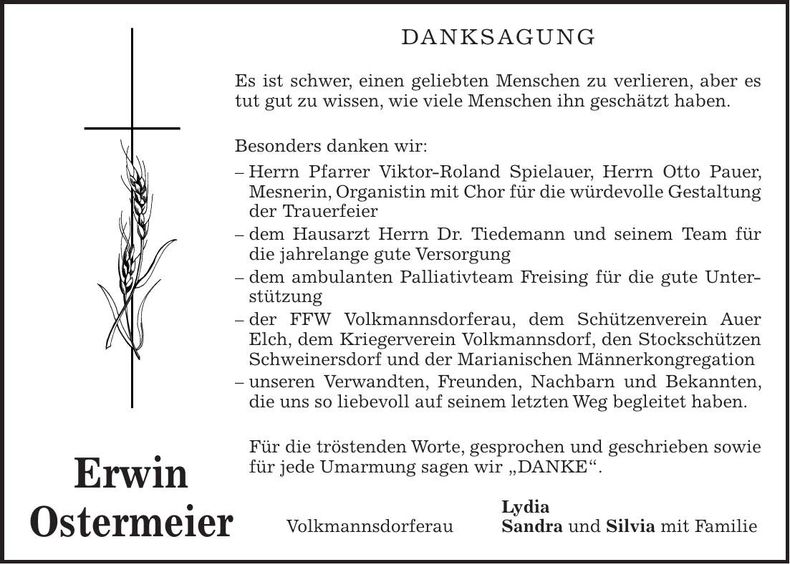 Traueranzeige Erwin Ostermeier