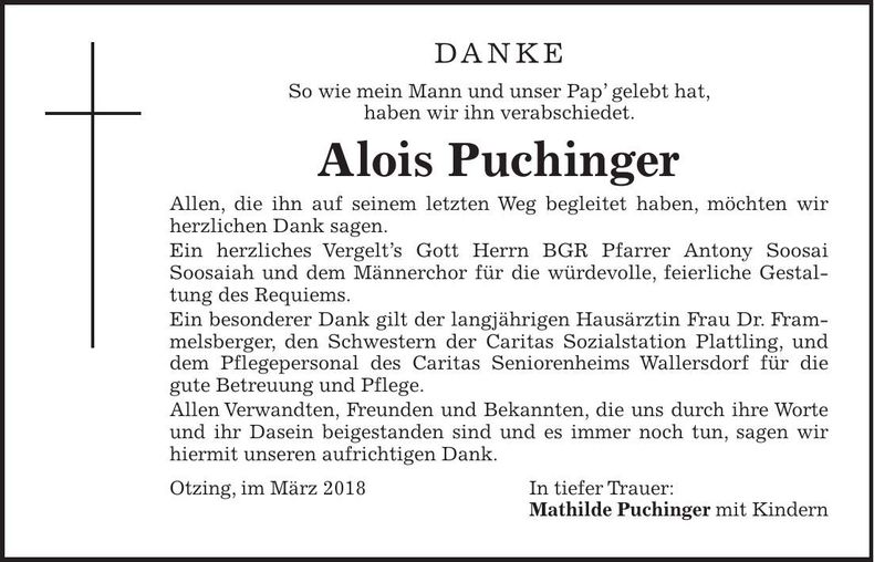 Traueranzeige Alois Puchinger