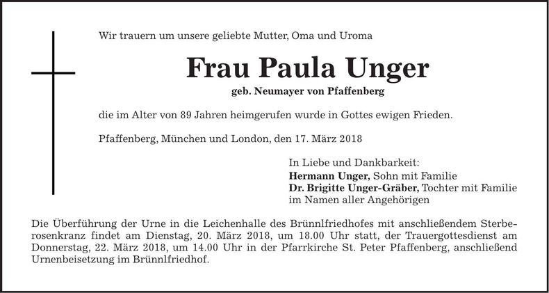 Traueranzeige Paula Unger