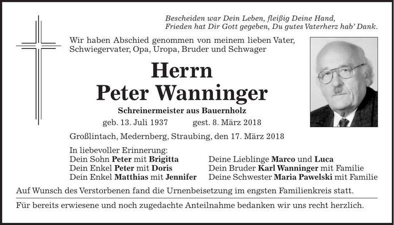 Traueranzeige Peter Wanninger