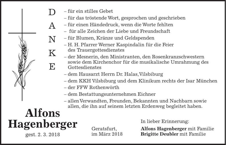 Traueranzeige Alfons Hagenberger