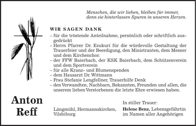 Traueranzeige Anton Reff