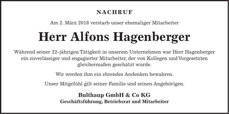 Traueranzeige Alfons Hagenberger