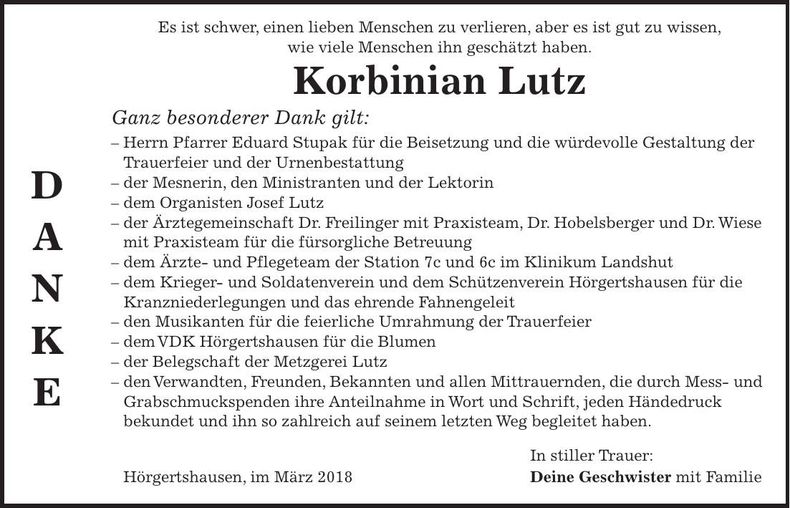 Traueranzeige Korbinian Lutz