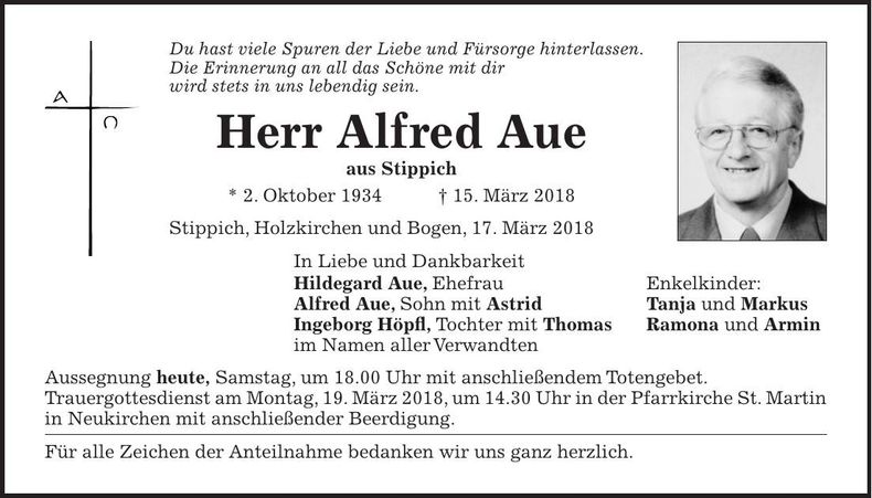 Traueranzeige Alfred Aue