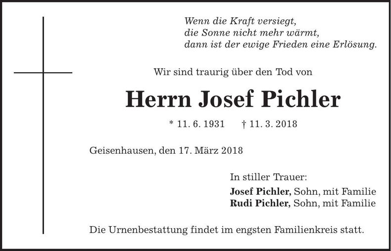 Traueranzeige Josef Pichler