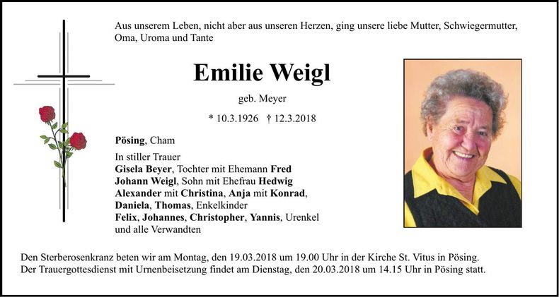 Traueranzeige Emilie Weigl