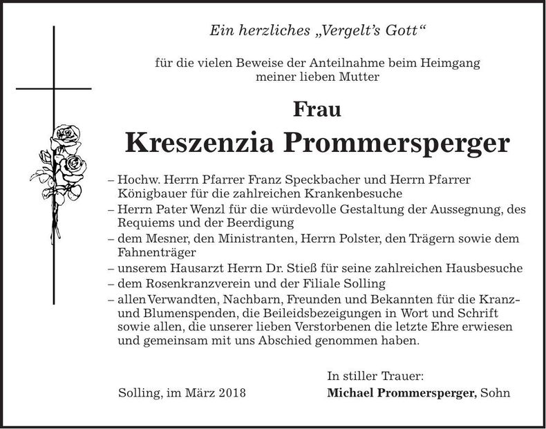 Traueranzeige Kreszenzia Prommersperger
