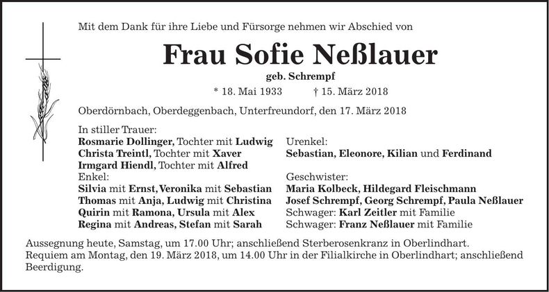 Traueranzeige Sofie Neßlauer